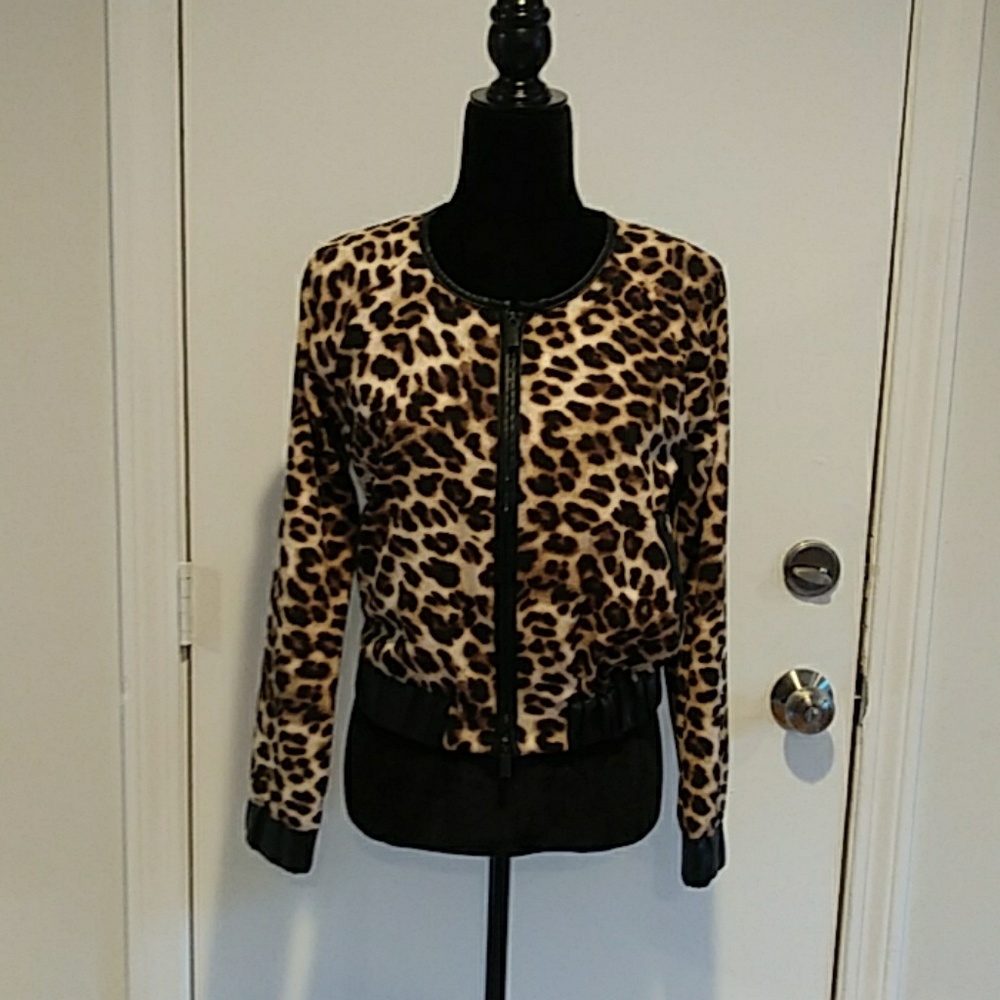 Animal print bomber jacket with leather detail